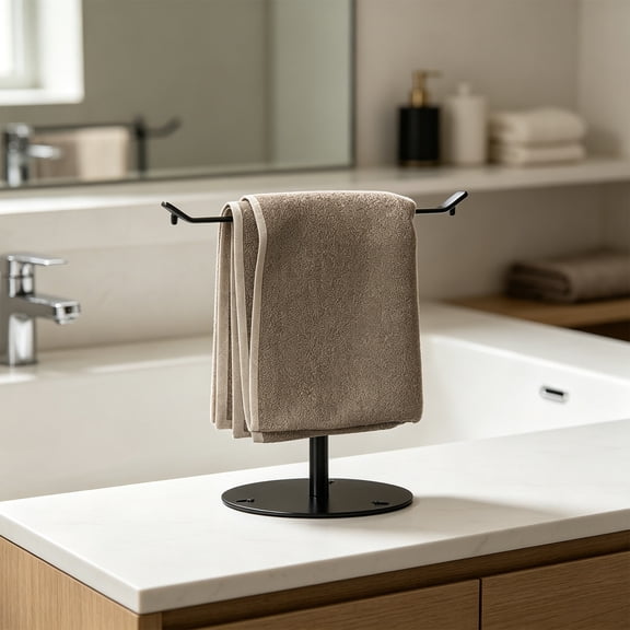 Freestanding Hand Towel Holder, T Shaped Metal Countertop Stand with Weighted Base, Rustproof Towel Rack for Bathroom Vanity and Kitchen Counter