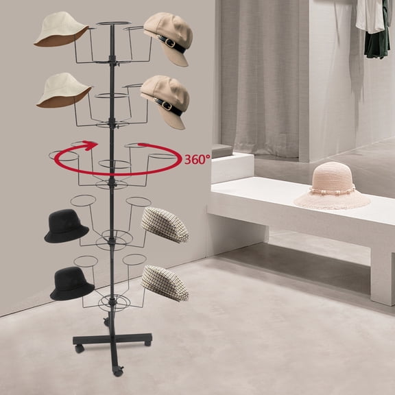 Freestanding Hat Rack Stand, 5-Tier Rotating Hats Display Rack with 25 Hooks,Movable Hat Display Stand for Cloakrooms, Bedrooms, Retail Stores(Black)