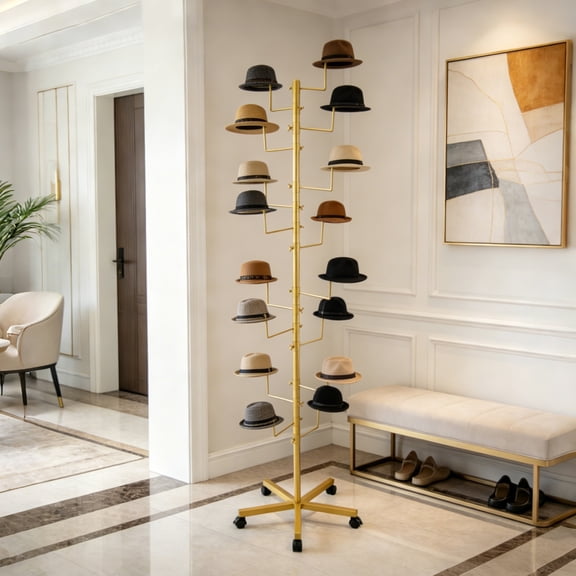 Freestanding Hat Rack Stand with 5-Way Locking Wheels, 16 Hooks Metal Floor Display Rack, Adjustable Circular Hooks Hat Organizer Tree for Hats and Wigs, Gold 20 Inch