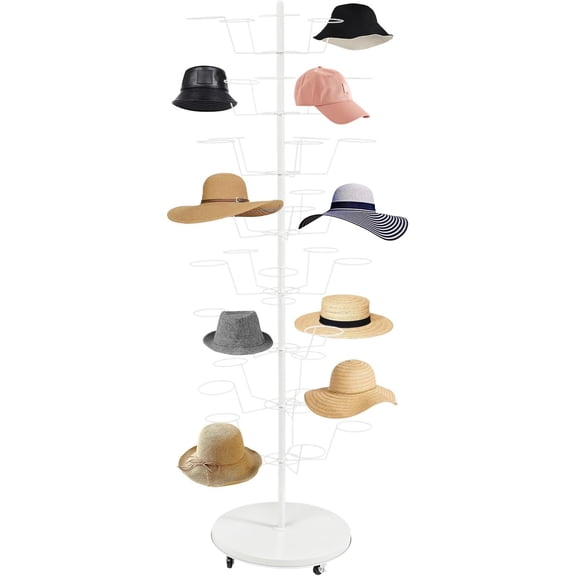 Freestanding Hat Rack Stand, 8-Tier Rotating Hats Display Rack with 40 Customizable Circular Hooks, Metal Retail Wig Hat Display Stand with Wheels, Hat Organizer Rack for Home (White)