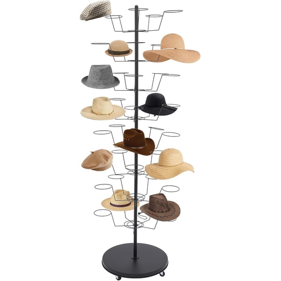 Freestanding Hat Rack Stand, 8-Tier Rotating Hats Display Rack with 40 Customizable Circular Hooks, Metal Retail Wig Stand with Wheels, Hat Organizer Rack for Home (Black)