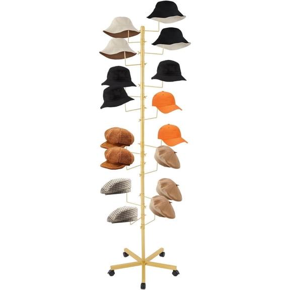 Freestanding Hats Rack, Adjustable Hats Stand with 16 Hooks and 5 Lockable Universal Wheels Hat Hanger Organizer Tree Hat Display Stand for Bedroom Hallway Entrance, Gold