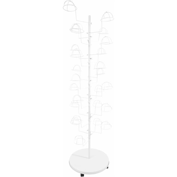 Freestanding Hats Rack Stand, 19.69in Metal Modern Floor H-at Rack, Retail Wig or H-at Display Stand with 25 Hat Holders, 4 Universal Wheels, Round Hat Holder, Rust-Resistant, White
