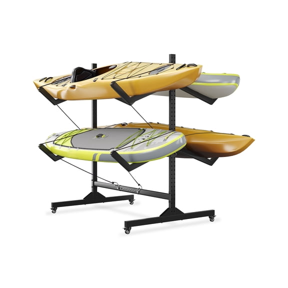 Freestanding Heavy-Duty Kayak Storage Rack for 4 Kayaks, Canoes, or SUPs – Adjustable Width Organizer with Lockable Movable Wheels – Double-Sided Double Layer Design