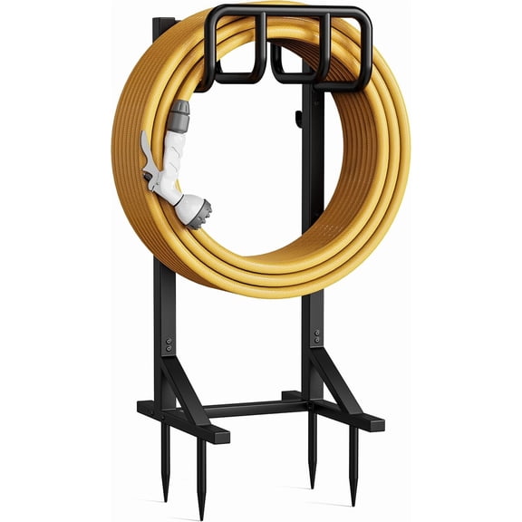 Freestanding Heavy Duty Metal Garden Hose Holder with Stable Triangular Base, Rustproof Powder-Coated Finish, and Integrated Tool Hooks, Black, 16 x 8 x 43 Inches