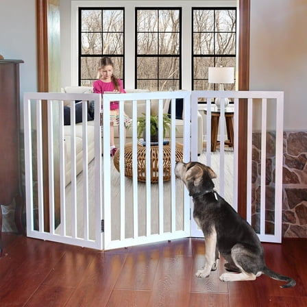 Freestanding Indoor Dog Gate for House Foldable Wood White Puppy Gate for Doorways Pet Gate for Stairs Extra Wide Pet Fence 32" Height 3 Panels