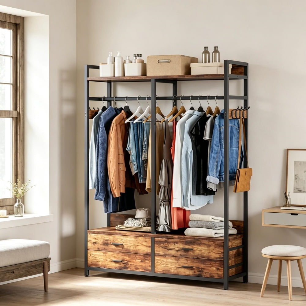 Freestanding Industrial Closet Organizer, 47" Clothing Rack with 4 Drawers, Shelves & 8 Hooks, Metal Frame Open Wardrobe with Anti-Tip Straps for Bedroom