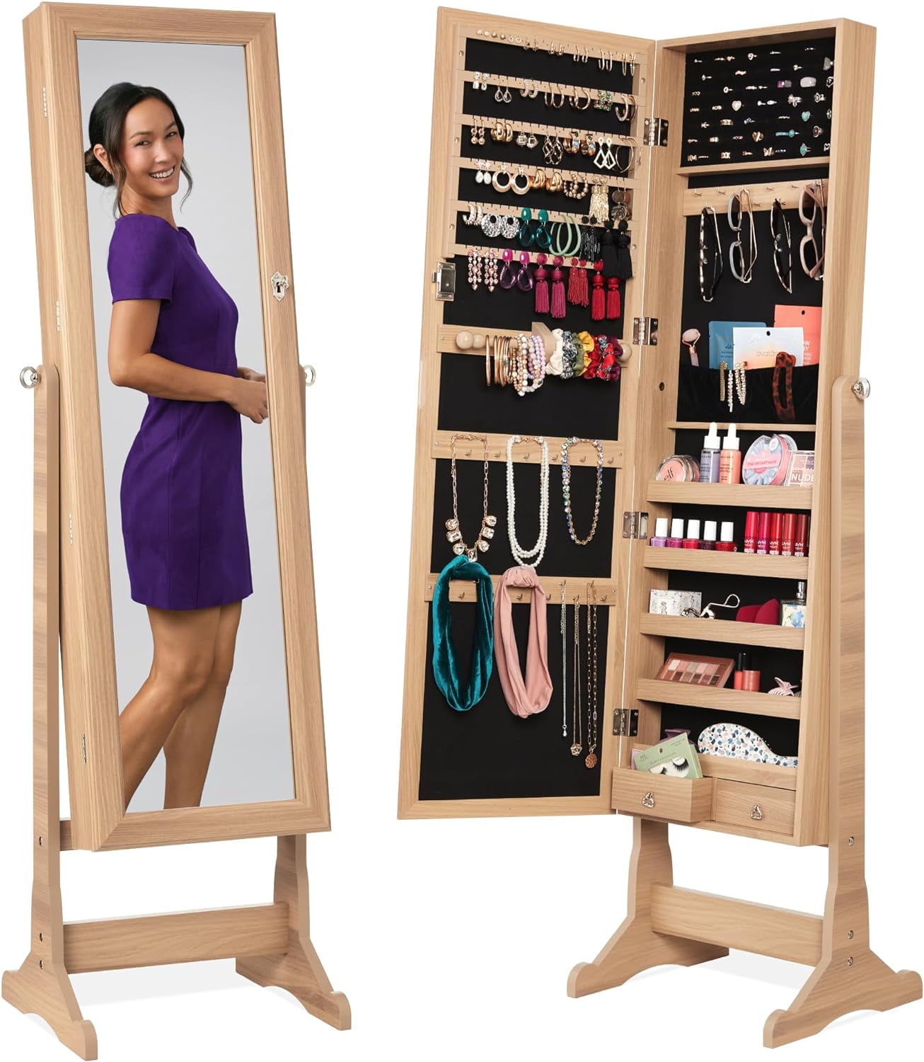 Freestanding Jewelry Armoire Cabinet, Full Length Standing Mirror