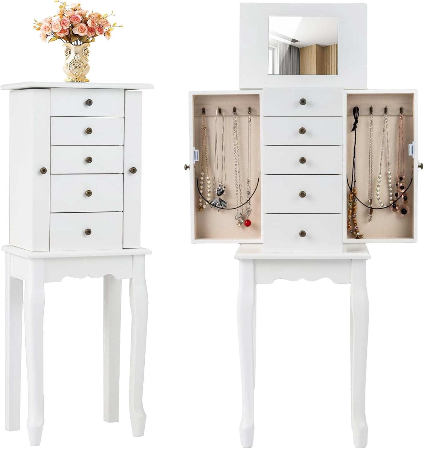Freestanding Jewelry Armoire Cabinet with Mirror, 5 Drawers & Side Door