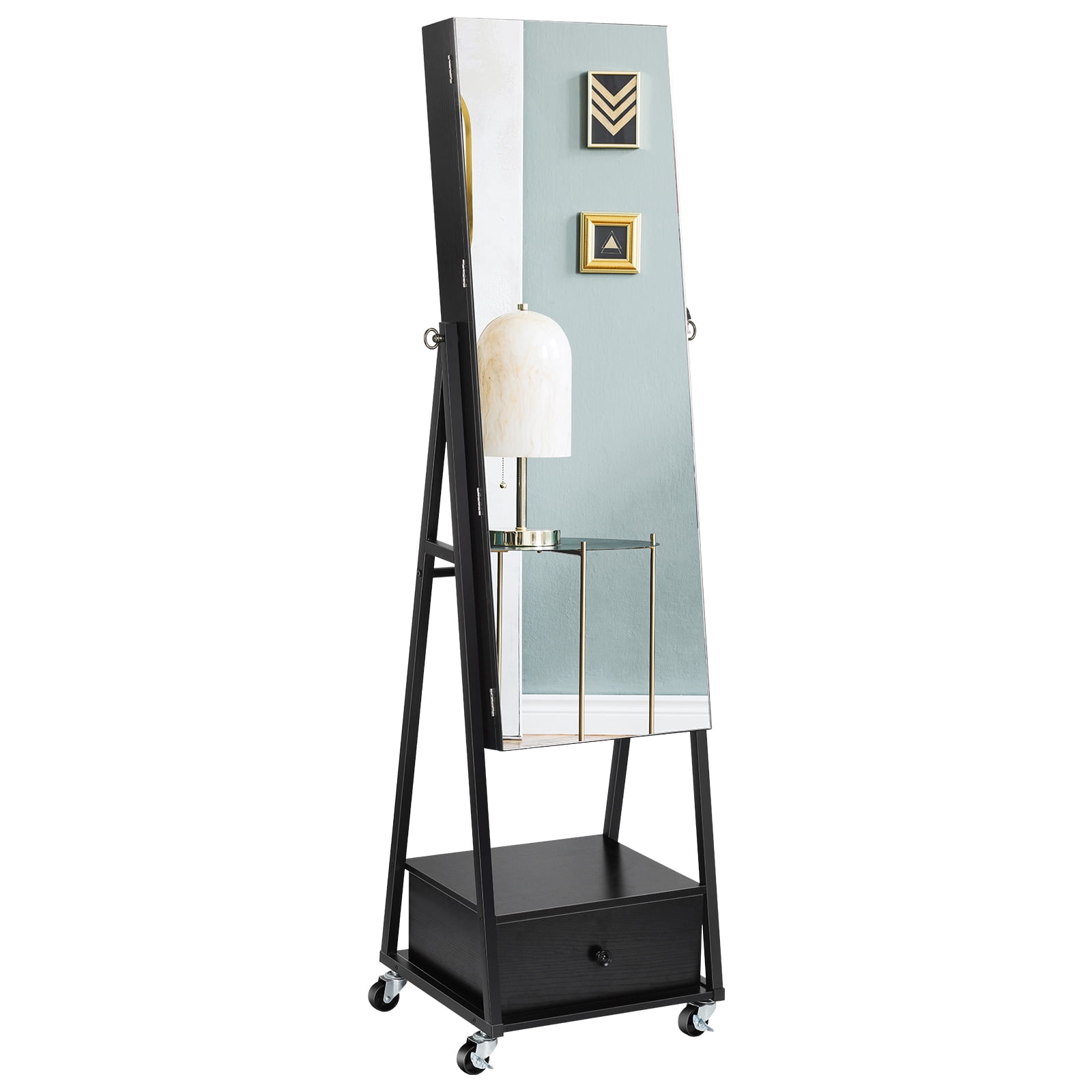Freestanding Jewelry Armoire with Full Length Mirror, Lockable Organizer Cabinet with Drawer & Wheels, Black, High Capacity, Budget-Friendly for Small Bedrooms