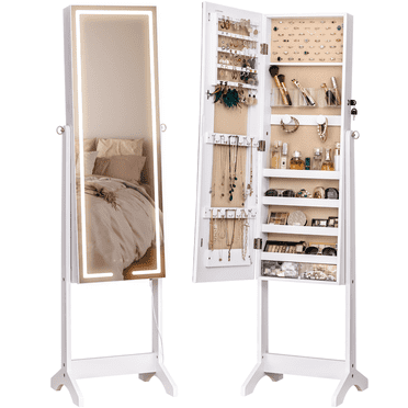 Freestanding Jewelry Armoire LEDs Lockable Jewelry Cabinet Full-Length Mirror with Jewelry Storage White