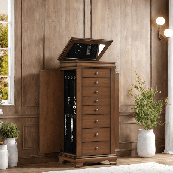 Freestanding Jewelry Armoire with Mirror, 8 Drawers and Necklace Hooks - Cherry Brown