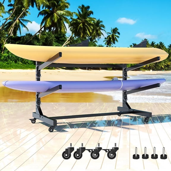 Freestanding Kayak Storage Rack, Heavy Duty Metal Kayak Stand with Lockable Wheels, Adjustable Kayak Holders for Canoes, SUP, Sled, Paddle Board & Surfboard, Garage, Indoor & Outdoor Use