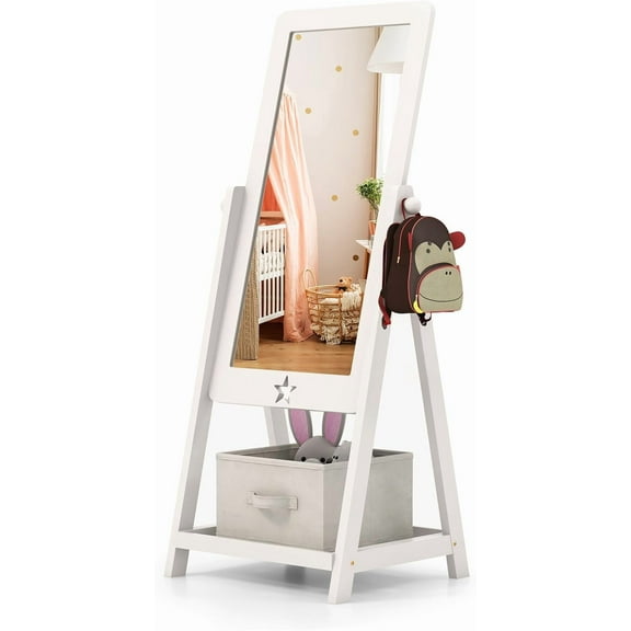 Freestanding Kids Mirror, Non-Glass Shatterproof Toddler Dressing Mirror with Storage Box for Shoes & Accessories, View Adjustable Kids Mirror Full Length for Girls (White)