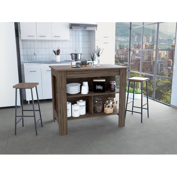 Dark Brown Kitchen Island - Freestanding with 3 Open Shelves & Stable Legs for Kitchen Storage