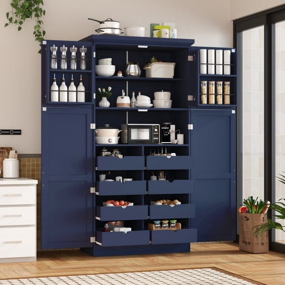 Freestanding Kitchen Pantry Cabinet, 35.5" Tall Storage Cabinet with 4 Doors, 8 Pull-Out Trays, Adjustable Shelves & Door Storage for Dining Room, Blue