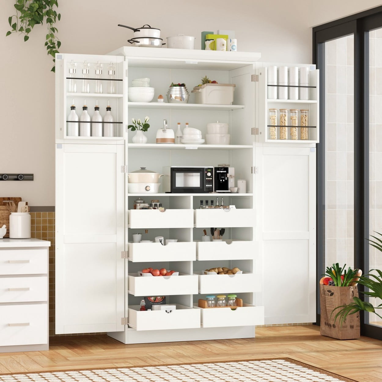 Freestanding Kitchen Pantry Cabinet, 35.5" Tall Storage Cabinet with 4 Doors, 8 Pull-Out Trays, Adjustable Shelves & Door Storage for Dining Room, White