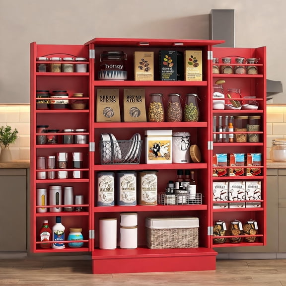 Freestanding Kitchen Pantry Cabinet  Classic Red MDF with Double Doors, Adjustable Shelves, 12 Door Racks, 40.9 H