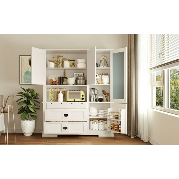 Freestanding Kitchen Pantry Cabinet with Hutch and Drawers, Extra Large Storage Buffet Cupboard with Adjustable Shelves and Microwave Station, White Finish for Organized Kitchens