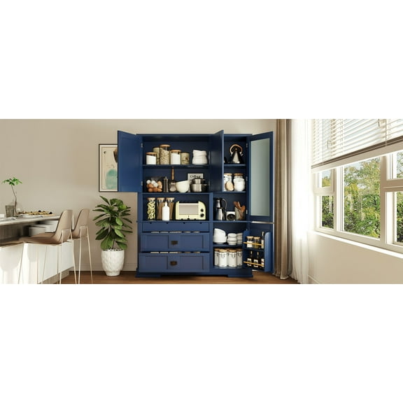 Freestanding Kitchen Pantry Cabinet with Hutch and Drawers, Large Storage Buffet with Adjustable Shelves and Microwave Workstation, Blue Shaker Style Cupboard for Organized Kitchen