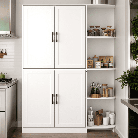 Freestanding Kitchen Pantry Cabinet with Doors and Shelves, Tall Food Storage Cupboard Organizer for Dining Room, Living Room or Kitchen White