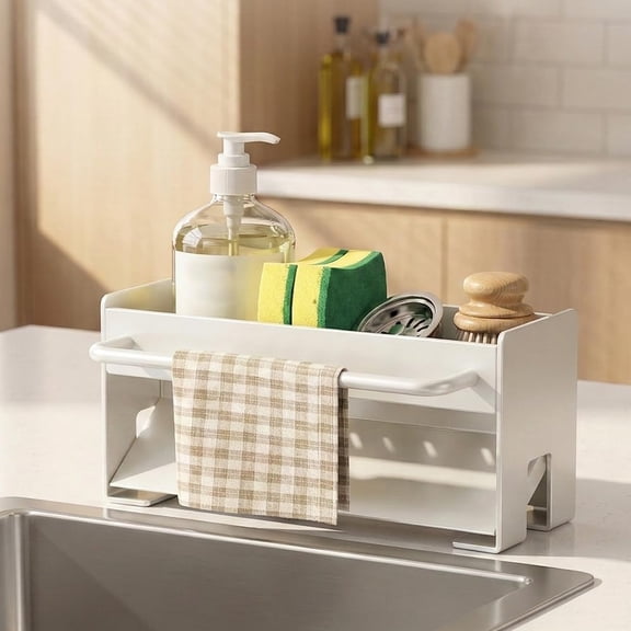 Freestanding Kitchen Sink Organizer Caddy, Carbon Steel Countertop Rack with Towel Bar and Drain Tray, Space-Saving for Sponges Soap (White)