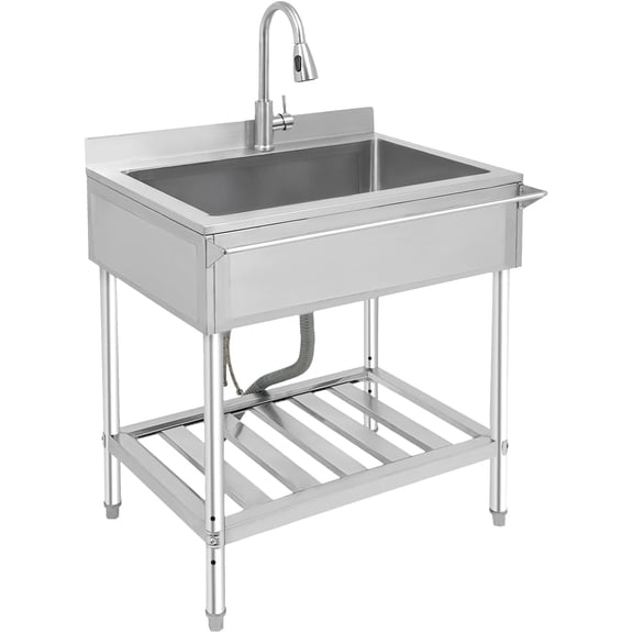 Freestanding Kitchen Sink with Towel Bar & Storage Shelf 30.7" x 22" x 40.35" Inch Single Bowl Utility Sink with Pull-out Faucet, Stainless Steel Sink for Laundry Room Garage Basement