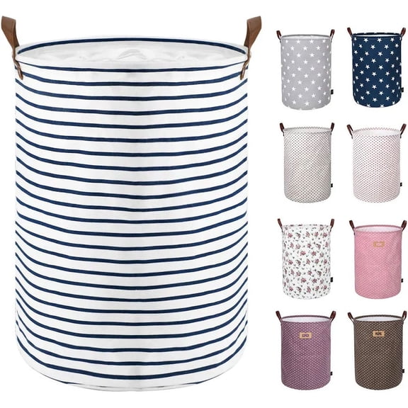 Freestanding Laundry Basket with Lid, Collapsible Large Drawstring Clothes Hamper Storage with Handle Blue Strips,17.7/M