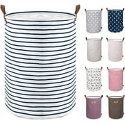 Freestanding Laundry Basket with Lid, Collapsible Large Drawstring Clothes Hamper Storage with Handle Blue Strips,17.7/M