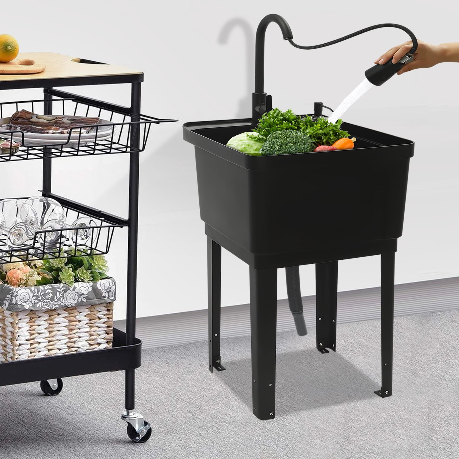 Freestanding Laundry Sink 15.85 Gal Capacity 19.3x16x11.8 Inch PP Utility Sink with Pull-Down Faucet