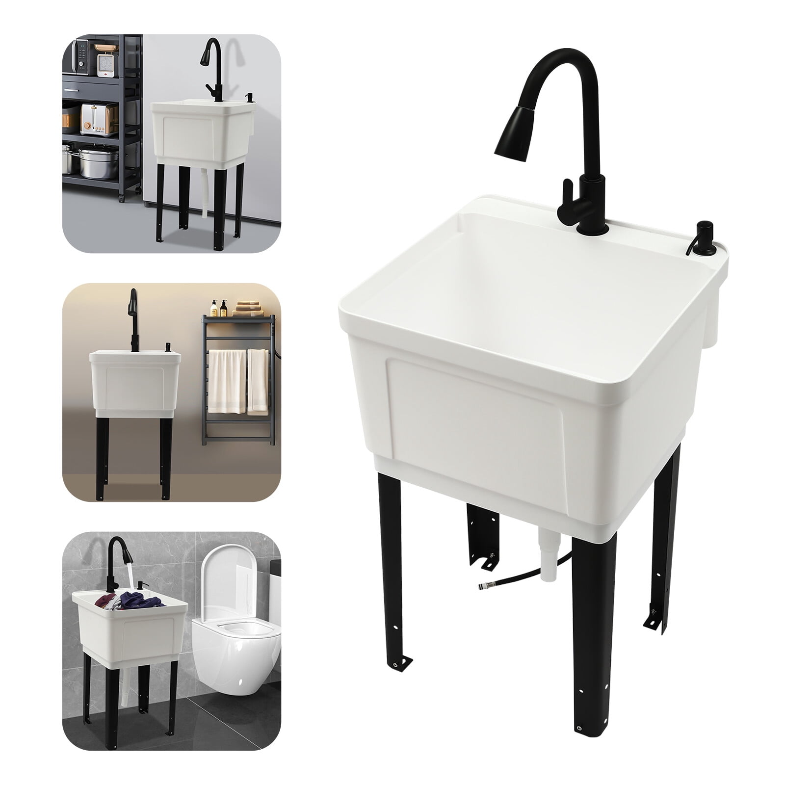 Freestanding Laundry Sink, Black & White PP Iron Utility Sink with Faucet and Soap Dispenser,  for Home Restaurant Garage Commercial Use