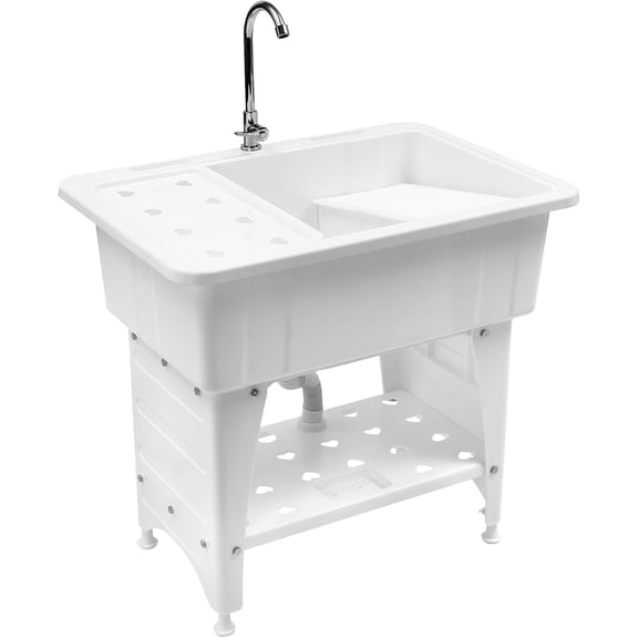 Freestanding Laundry Sink, Ceramic Utility Sink With Washboard And Faucet, Laundry Tub White Plastic Utility Sink For Laundry Room, Garage, Basement, Outdoor And Indoor