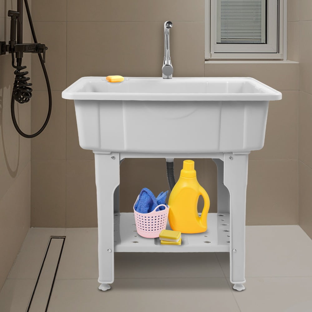 Freestanding Laundry Sink with Faucet, 31.5" Utility Sink with Removable Washboard & Storage Shelf, Heavy Duty Plastic Utility Tub for Laundry Room Garage Basement Pet Wash