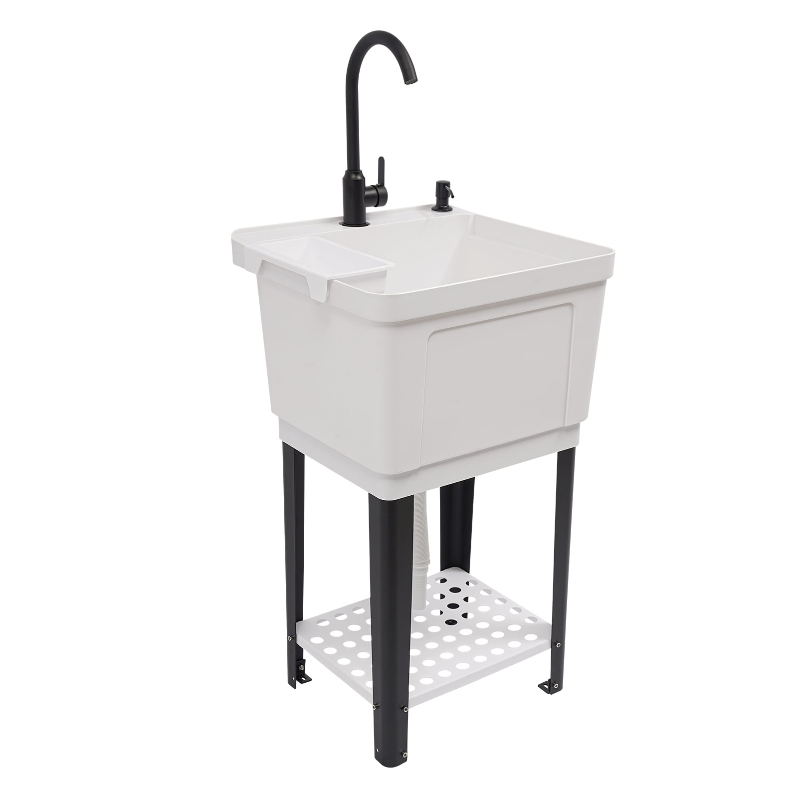 Freestanding Laundry Sink with Faucet, White Utility Sink With Soap Dispenser & Bottom Storage Rack, for Laundry Room Balcony, Garage & Pet Bathing