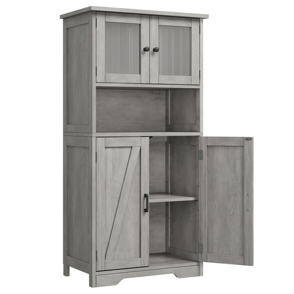 Freestanding Linen Storage Cabinet w/ Glass Doors & Adjustable Shelves - 50.4" Rustic Floor Cupboard for Bathroom, Kitchen, Living Room