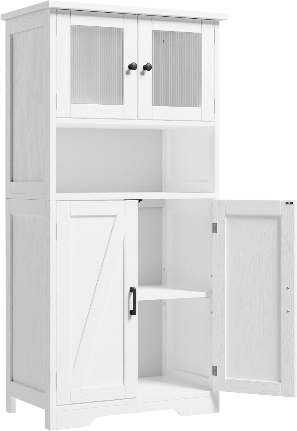 Freestanding Linen Storage Cabinet with Glass Doors, Versatile Kitchen Pantry and Living Room Cupboard with Adjustable Shelves (White)