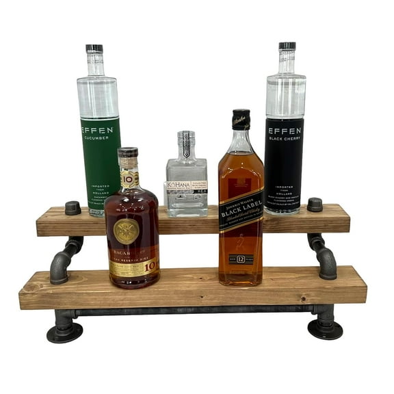 Freestanding Liquor Shelf | 2 Tier Industrial Bar Display | Liquor Bottle Display | Wood Wine Shelf | Bar Organization | Tiered Bottle Shelf (18", Aged Barrel)