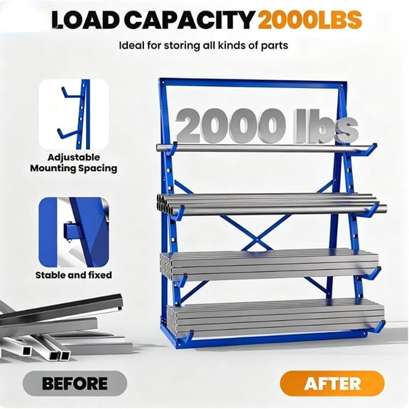 Freestanding Lumber Storage Rack, 4-Tier Cantilever Pipe Rack, 2000 lbs Blue Alloy Steel Long Goods Organizer to Clear Garage Floor Clutter