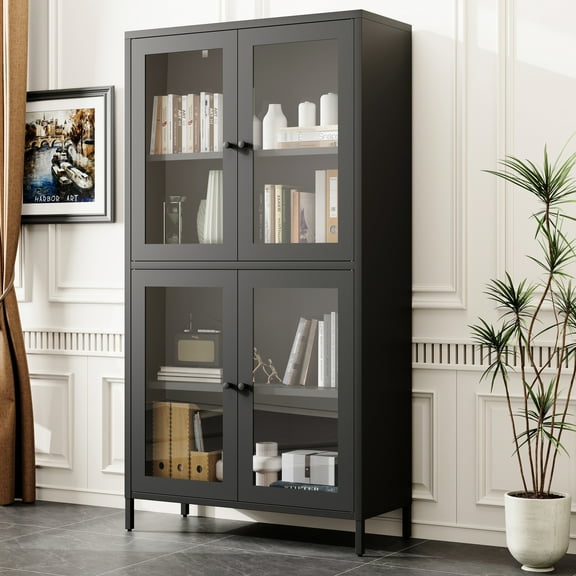 Freestanding Metal Bookcase With Tempered Glass Doors For Study 4 Door Storage Cabinet Entryway - Black