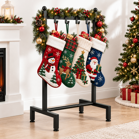 Freestanding Metal Christmas Stocking Holder Stand with 4 Adjustable Hooks