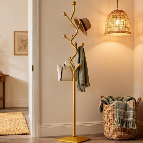 Freestanding Metal Coat Rack With 8 Hooks Tree Branch Design Gold Finish Standing Hanger For Entryway Hallway Bedroom