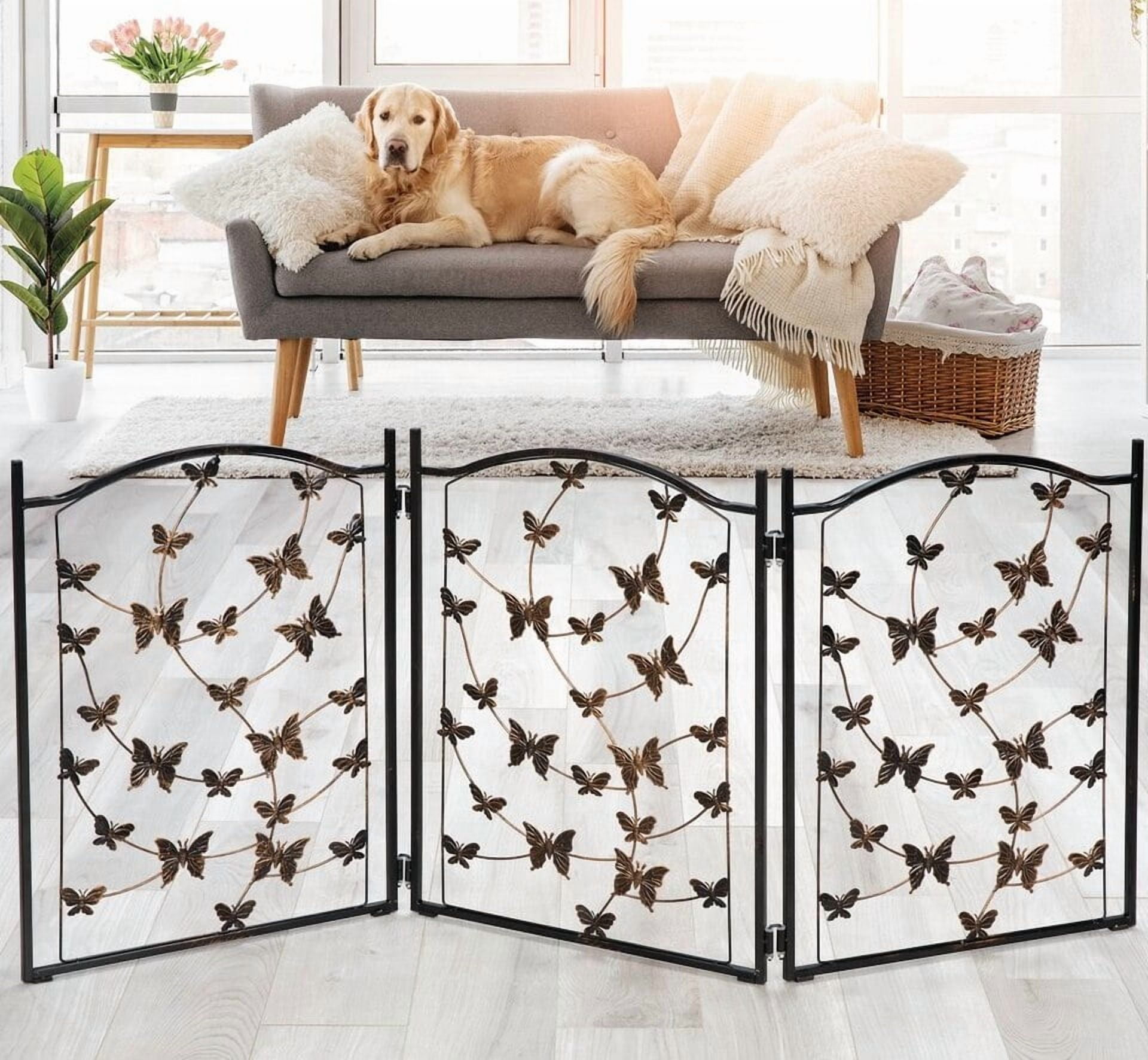 Freestanding Metal Folding Pet Gate, Large Portable Panels for Dog & Cat Security, Foldable Enclosure Gates for Puppies, Indoor & Outdoor Safety for Pets Tree of Life Tri-Fold Fence
