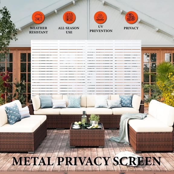 Freestanding Metal Garden Privacy Screen with Stand, 183x120cm Decorative Outdoor Divider - Weatherproof Panel for Patio, Balcony, Backyard, Pool, Trash Can Enclosure, Horizontal Stripes - White