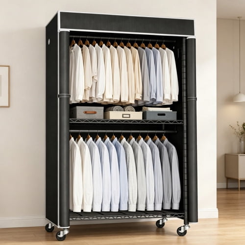 Freestanding Metal Garment Rack with Full Fabric Dust Cover, Single Hanging Rod Clothes Closet with Storage Shelf, Portable Wardrobe Organizer for Bedroom & Laundry Room