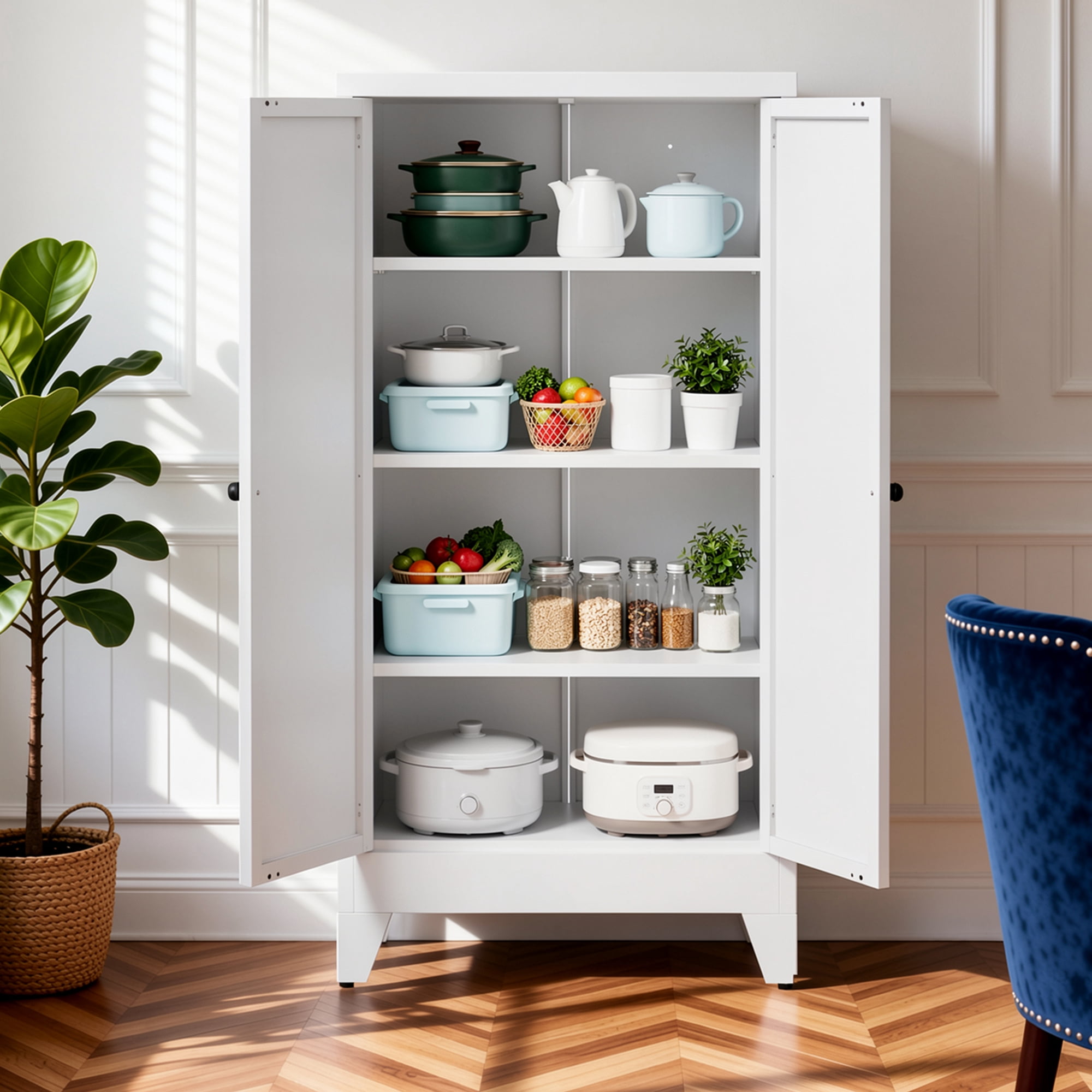 Freestanding Metal Kitchen Pantry Cabinet, 3 Adjustable Heavy‑Duty Storage Shelves (110lbs Each), Anti‑Tip Organizer for Kitchen Pantry Living Room Bathroom