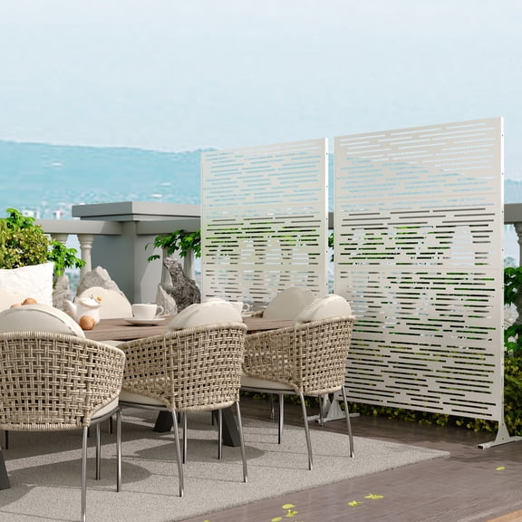 Freestanding Metal Privacy Screen Fence – 6x3.8ft Rust-Resistant Decorative Panel, Easy Assembly, for Outdoor Patio, Garden, Deck, or Yard, Weatherproof Room Divider, Black Scroll Design