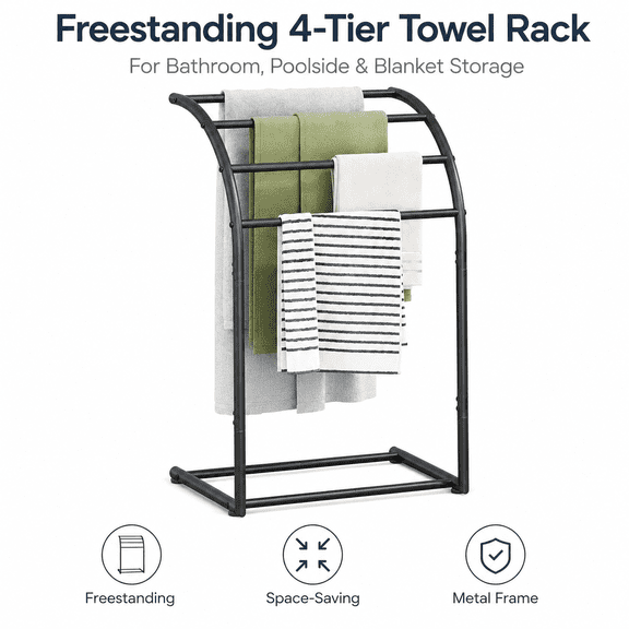 Freestanding Metal Towel Rack with Arched Multi-Bar Design for Bathroom, Poolside and Blanket Storage