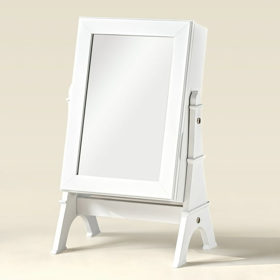 Freestanding Mirrored Jewelry Box with Parisian-Style Legs, Shelves, Built-In Mirror, and LED Lights