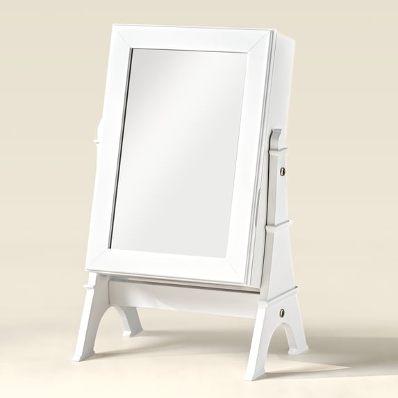Freestanding Mirrored Jewelry Box with Parisian-Style Legs, Shelves, Built-In Mirror, and LED Lights