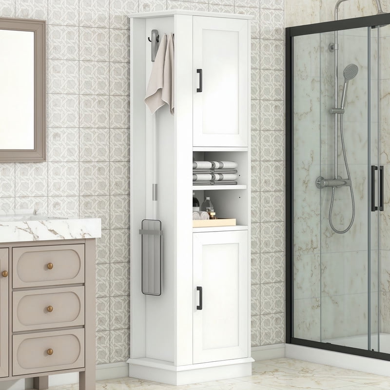 Freestanding Modern 2-Door Bathroom Storage Cabinet, Versatile Sideboard Pantry Cabinet with Hooks and Adjustable Shelves